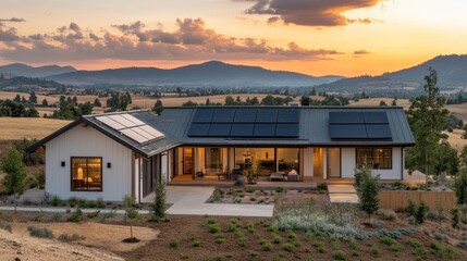 Poster - Modern house with solar panels on the roof, located on a hillside with a view of the mountains and a sunset sky.