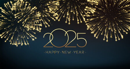 Poster - 2025 happy new year abstract shiny fireworks gold glitter bokeh design element