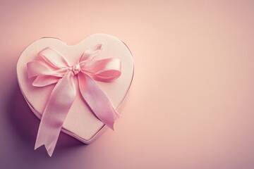 Aufkleber - Photo of heart shaped gift box with pink ribbon on pastel pink background, top view. Web banner with copy space on the right