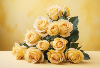 Poster - Yellow roses background. Bunch of pastel yellow roses, yellow background