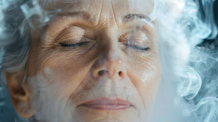 Wall Mural - Senior Woman's Face Surrounded by Steam