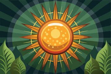 Stylized Sun with Green Leaves and Rays in a Circular Design