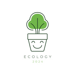 Wall Mural - botanical plant grow happy line logo design graphic vector