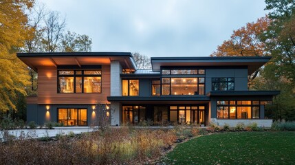 Poster - A modern home with large windows and a wooden exterior, lit up at dusk. The home is surrounded by a lush lawn and trees.