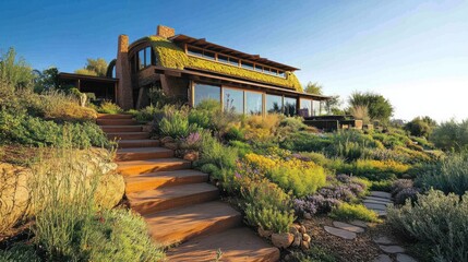 Stone steps leading up to a modern home with a green roof and a beautiful garden.