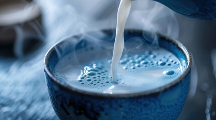 Steaming Milk Over Blue Matcha in a Bowl