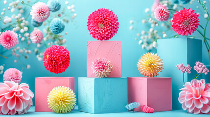 Wall Mural - Colorful dahlias balancing on pastel pink and blue cubes on turquoise background