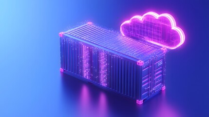 Poster - 3D illustration of a container with a neon cloud, representing cloud computing, data storage, and virtual infrastructure.