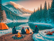 © icemanphotos - Tourists friends hiking on snowy trail. Moring sunlight, riverside, mountain view, campfire and tent. Freedom adventure, amazing nature landscape, misty fresh air, beautiful forest scene. AI
