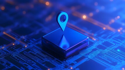 Poster - 3D illustration of a location pin on a neon digital grid, representing GPS navigation and technology.