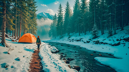 Solo tourist hiking on snowy trail. Moring sunlight, riverside, mountain peaceful view, campfire and tent. Freedom adventure, amazing nature landscape, misty fresh air, beautiful forest scene. AI
