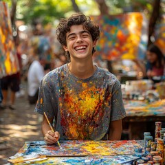 Close-up photo of a teenage girl with a smiling face and smudges of paint on her face and clothes. A fun activity for kids to relax and create.