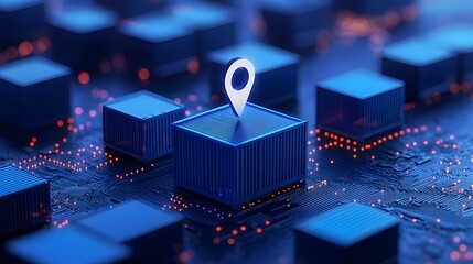 Poster - 3D rendering of a digital map with a geolocation pin indicator, representing concepts of data, network, and technology.