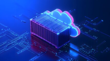 Poster - 3D rendering of a futuristic cloud computing concept with a container and neon lights on a circuit board background.