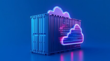 Poster - 3D rendering of a shipping container with a holographic cloud symbol, representing cloud computing and data storage concept.
