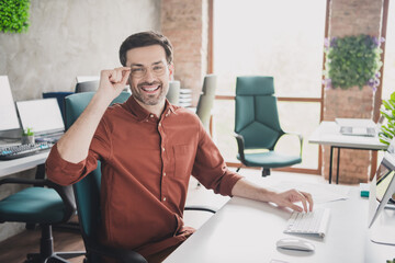 Canvas Print - Photo of handsome man professional sit tables coworking successful businessman wear brown formalwear nice creative light office