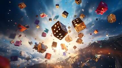 Wall Mural - An artistic composition featuring dice suspended in mid-air, creating a visually intriguing representation of luck and randomness.