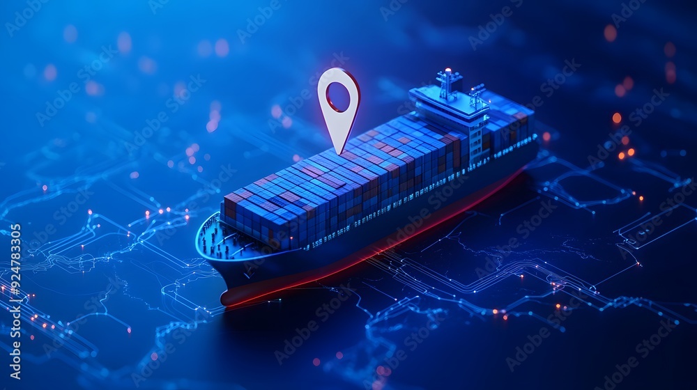 Cargo ship with digital GPS tracking location on a futuristic map ...