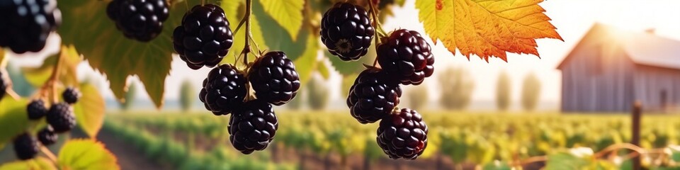 Wall Mural - Blackberry. Fresh blackberries in the garden. A bunch of ripe blackberry fruits on a branch with green leaves. Beautiful natural background. Blackberry harvest. Selective focus.