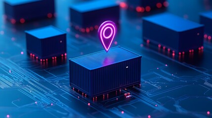 Poster - Digital data representation with neon location pin, highlighting technology and network communication in a futuristic style.