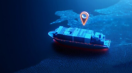 Digital illustration of a cargo ship with location marker, representing shipping, logistics, and global trade.