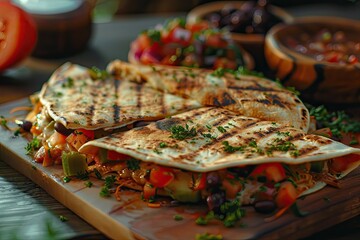 Wall Mural - Grilled quesadillas filled with vegetables, served with salsa and beans on a wooden platter.