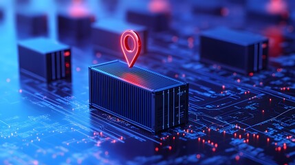 Poster - Digital landscape with circuit boards and a pinpoint marker, representing technology, networking, and data centers.