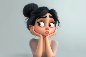 Upset young Indian woman. 3d cartoon character illustration on light background. 3d portrait of sad bored girl with black hair. People feelings and expressions concept