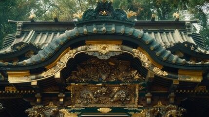  ornate Japanese temple gate, intricate carvings, gold accents, green tiled roof, forest background