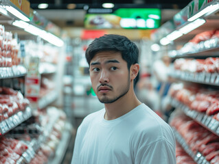 Wall Mural - Sad and disappointed asian man shopping in the retail grocery supermarket stoure.