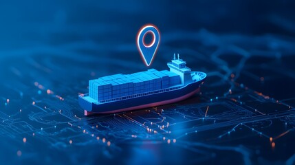 Digital representation of cargo ship with location pin, concept of global shipping and logistics in futuristic technology setting.