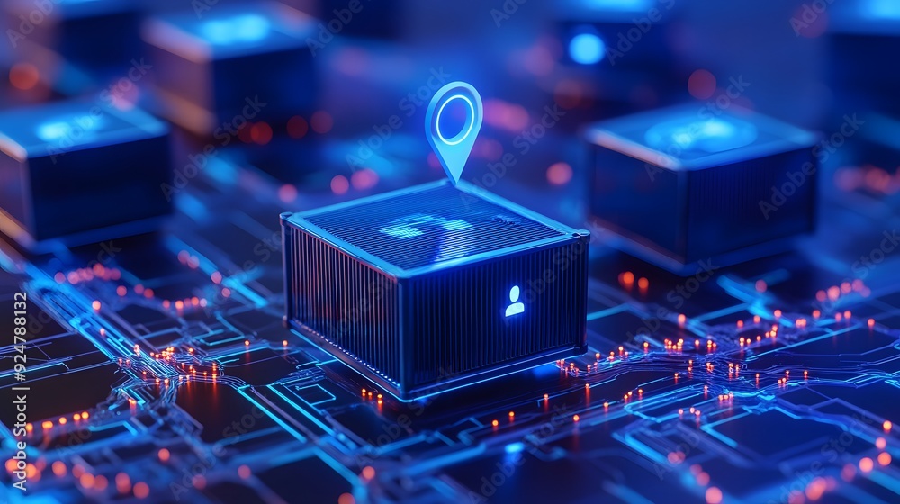Digital technology concept with glowing 3D boxes and location icons ...