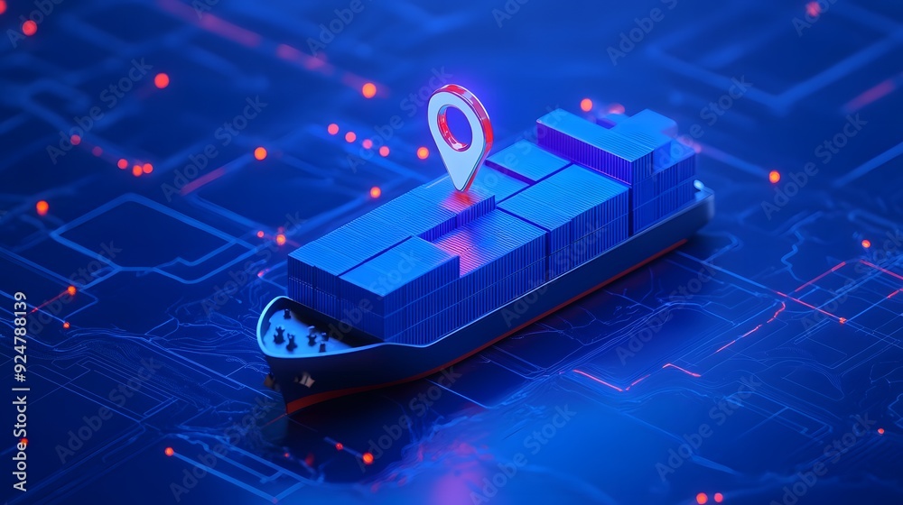 Digital shipping concept with a container ship, GPS pin, and network ...