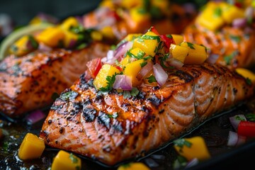 Wall Mural - Grilled salmon fillets topped with mango salsa, herbs, and vegetables.