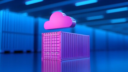 Poster - Futuristic 3D render of a pink cloud above a shipping container, highlighting cloud computing and data storage concepts.