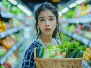 Shocked and disappointed face of asian woman shopping vegetables in the market.