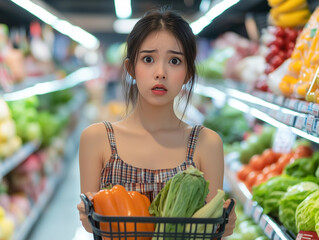 Shocked and disappointed face of asian woman shopping vegetables in the market.