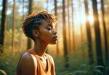 Wall Mural - Young african american woman meditating in nature