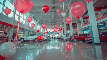 A car dealership's promotional event, balloons and banners, special offers and discounts