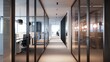 © Sana - An office corridor with sleek glass doors, modern lighting fixtures, and a view into various meeting rooms and workspaces.