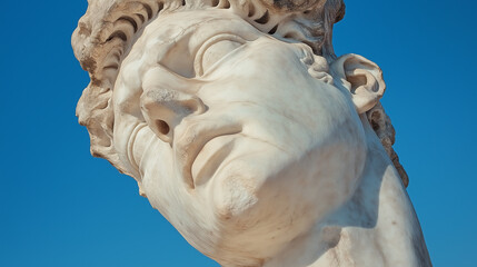 close-up of ancient white marble statue head against a blue sky background. archaeological find