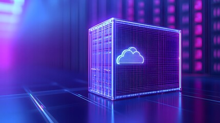 Poster - Futuristic cloud computing server in data center with glowing blue and purple lights, representing digital storage and technology.