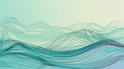 Wall Mural - A soothing scribble-style background with gentle waves and soft geometric shapes, drawn in a thin black line on a gradient of ocean blue to sea foam green.