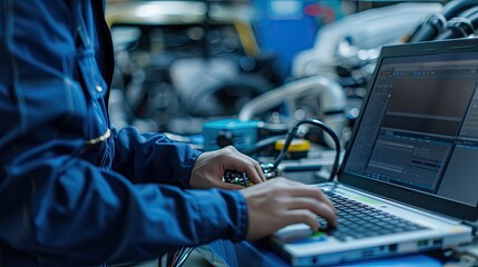 Technician performing a diagnostic test on a laptop, using specialized equipment,