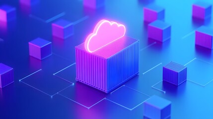 Poster - futuristic data storage concept with glowing cloud icon and networked cubes, representing modern tec