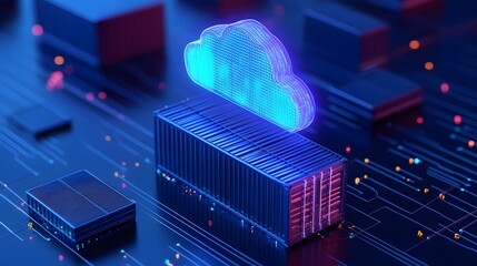 Poster - Futuristic digital cloud computing technology concept with neon colors, representing data storage and network connectivity.