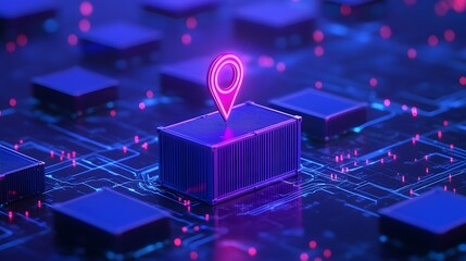 Poster - Futuristic neon concept of data processing and network technology visualization with a digital pin location icon on a circuit board background.