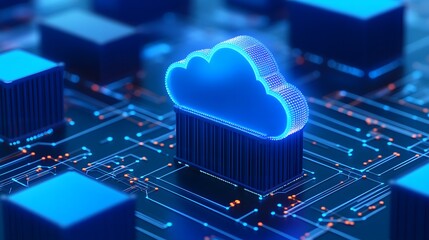 Poster - Futuristic technology concept with illuminated cloud and circuit board representing cloud computing and data storage.