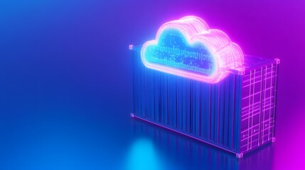 Neon cloud icon over a container, representing cloud computing and data storage technology with vibrant colors.