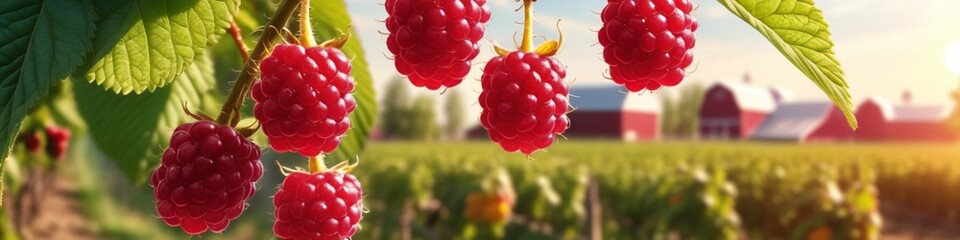 Sticker - Red raspberry in garden. Branch of ripe raspberries, closeup. Red raspberries and green leaves.